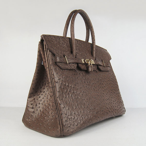 High Quality Fake Hermes Birkin 35CM Ostrich Veins Handbag Dark Coffee 6089